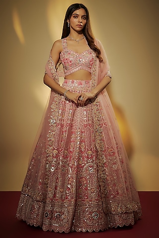 Coral Silk Organza Pearl Stone Work Lehenga Set by Aneesh Agarwaal