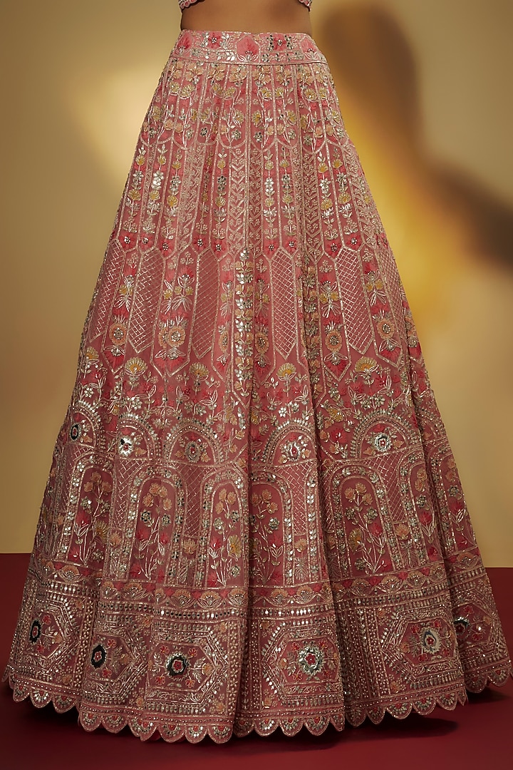 Coral Silk Organza Pearl Stone Work Bridal Lehenga Set by Aneesh Agarwaal at Pernia's Pop Up Shop