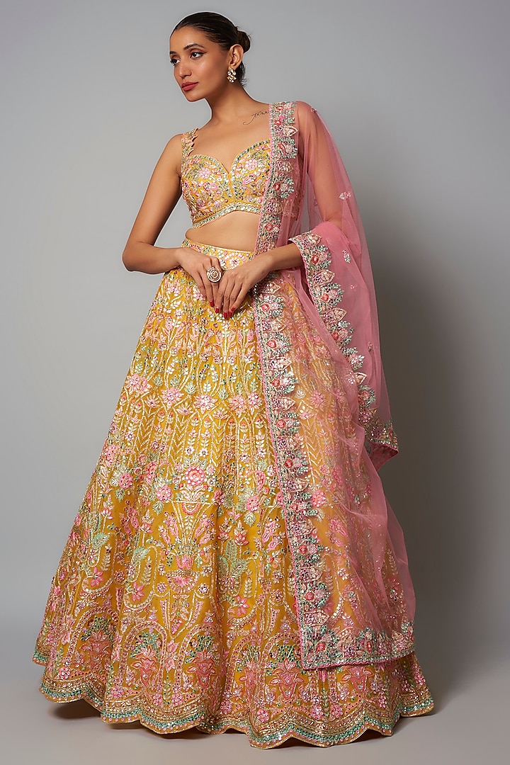 Yellow Silk Organza Bridal Lehenga Set by Aneesh Agarwaal at Pernia's Pop Up Shop