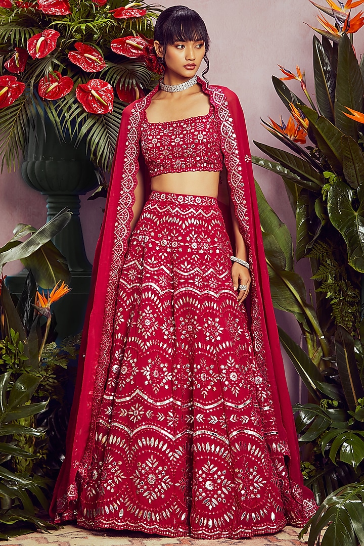 Ruby Embroidered Wedding Lehenga Set by Aneesh Agarwaal at Pernia's Pop Up Shop