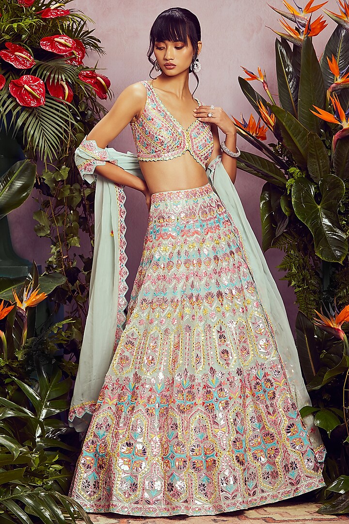 Mint Embroidered Lehenga Set by Aneesh Agarwaal