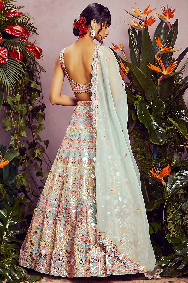 Mint Embroidered Bridal Lehenga Set by Aneesh Agarwaal at Pernia's Pop Up Shop