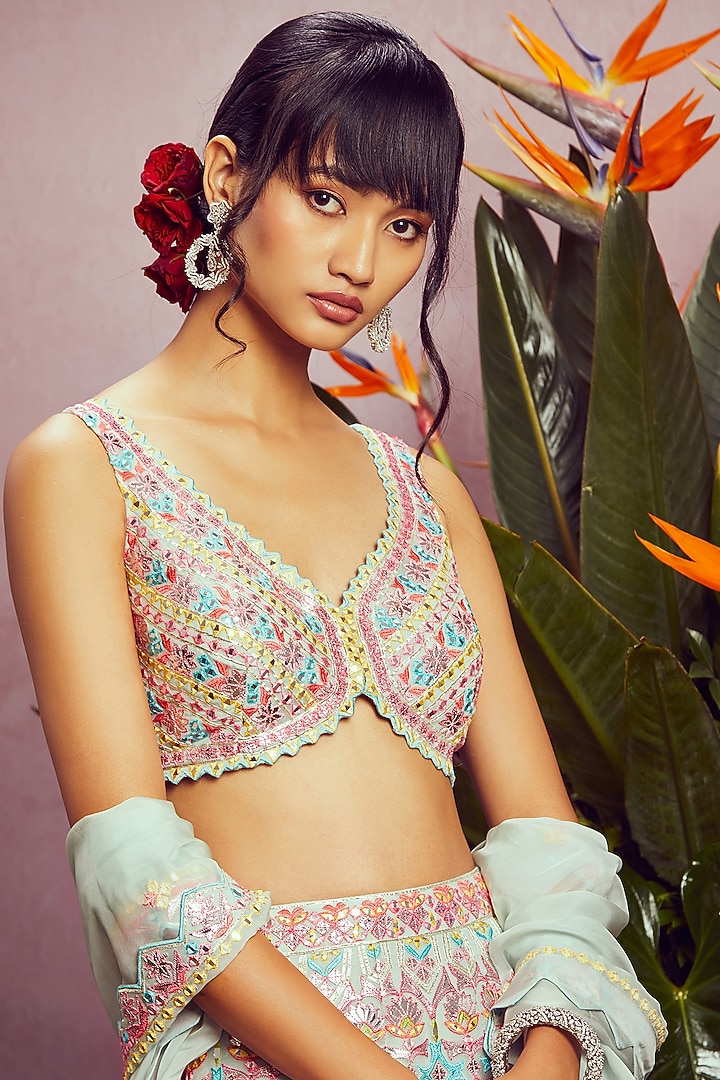 Mint Embroidered Bridal Lehenga Set by Aneesh Agarwaal at Pernia's Pop Up Shop