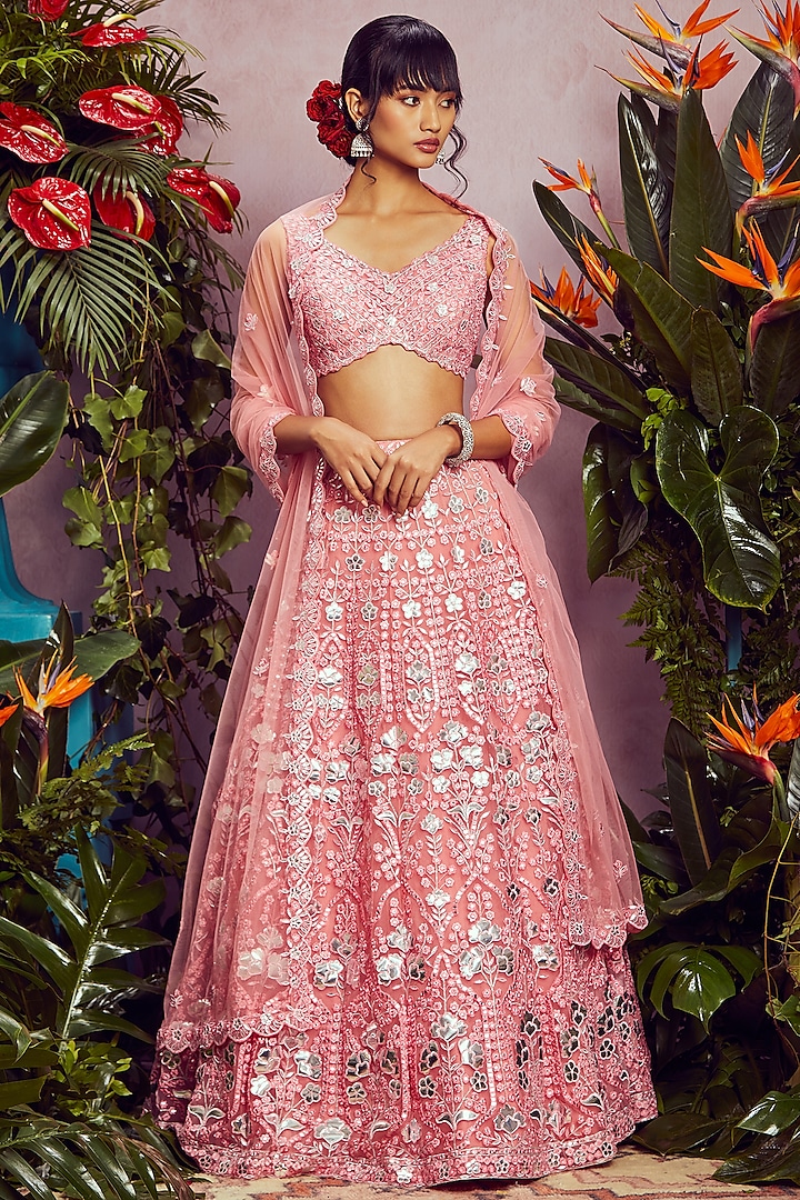 Pink Embroidered Lehenga Set by Aneesh Agarwaal