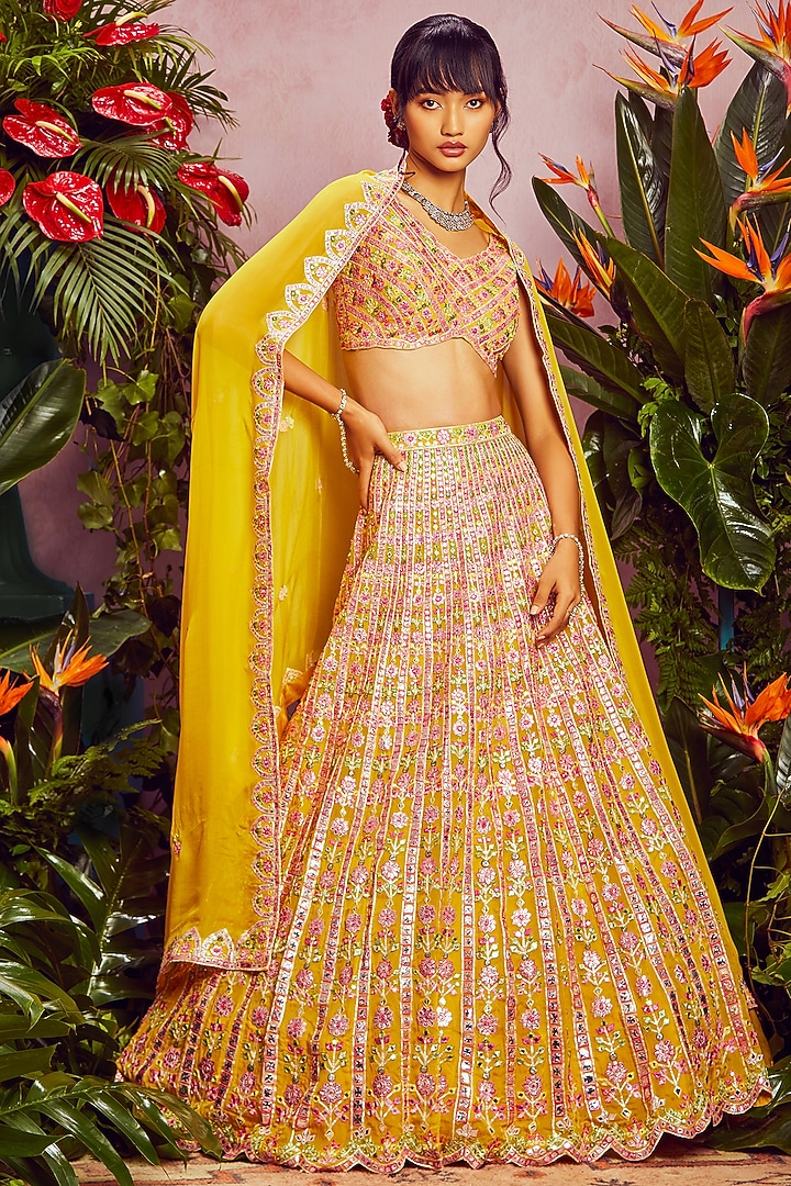 Yellow Embroidered Bridal Lehenga Set by Aneesh Agarwaal at Pernia's Pop Up Shop