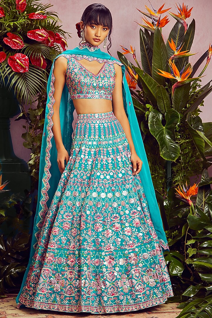 Teal Embroidered Bridal Lehenga Set by Aneesh Agarwaal at Pernia's Pop Up Shop
