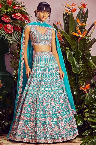 Teal Embroidered Lehenga Set by Aneesh Agarwaal