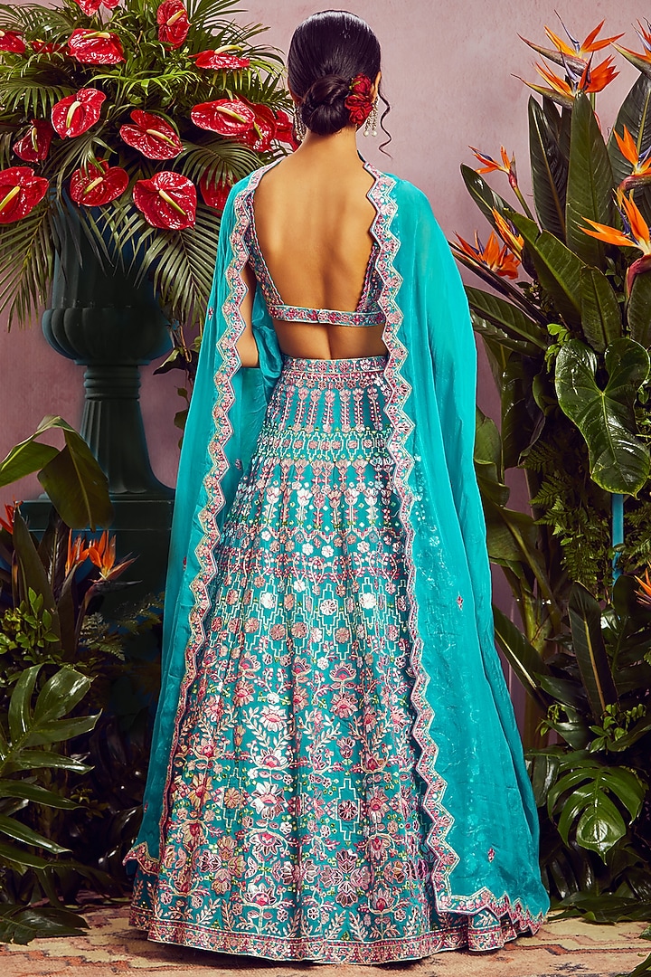 Teal Embroidered Bridal Lehenga Set by Aneesh Agarwaal at Pernia's Pop Up Shop