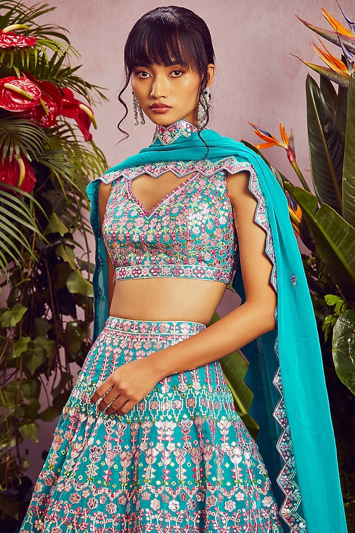 Teal Embroidered Bridal Lehenga Set by Aneesh Agarwaal at Pernia's Pop Up Shop