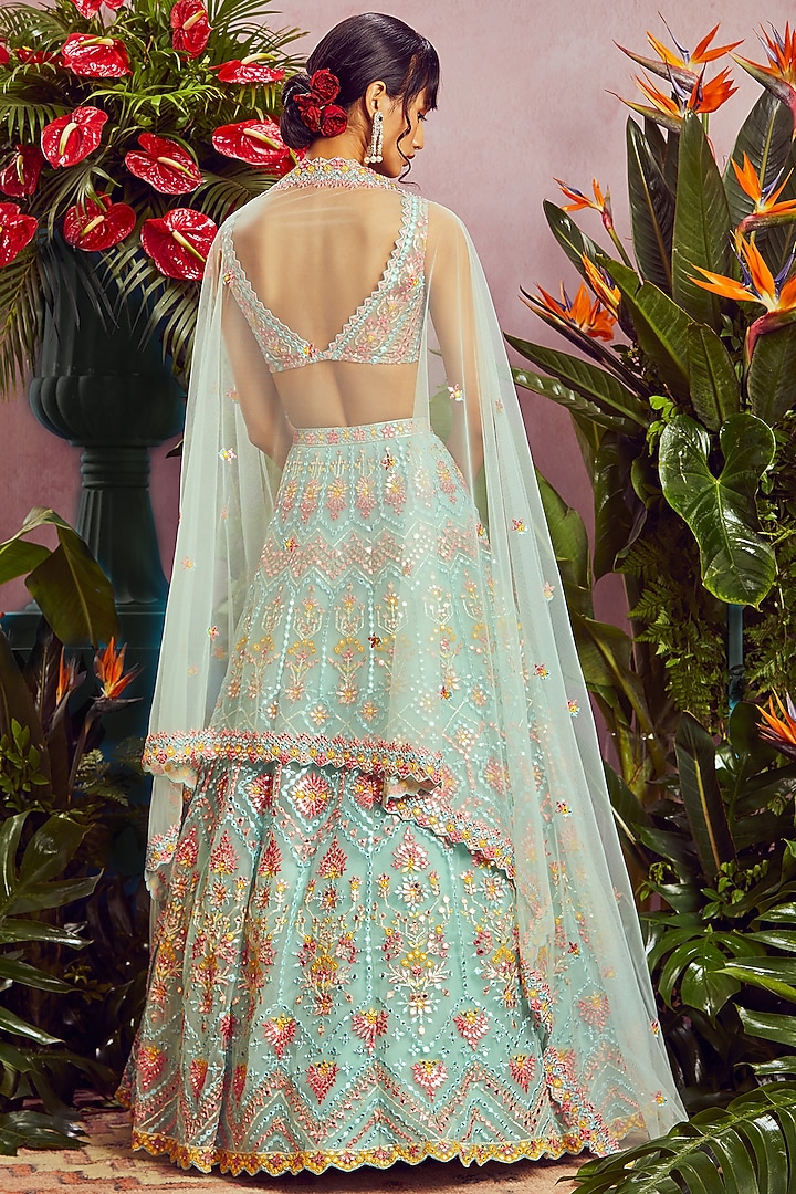 Aqua Blue Embroidered Bridal Lehenga Set by Aneesh Agarwaal at Pernia's Pop Up Shop