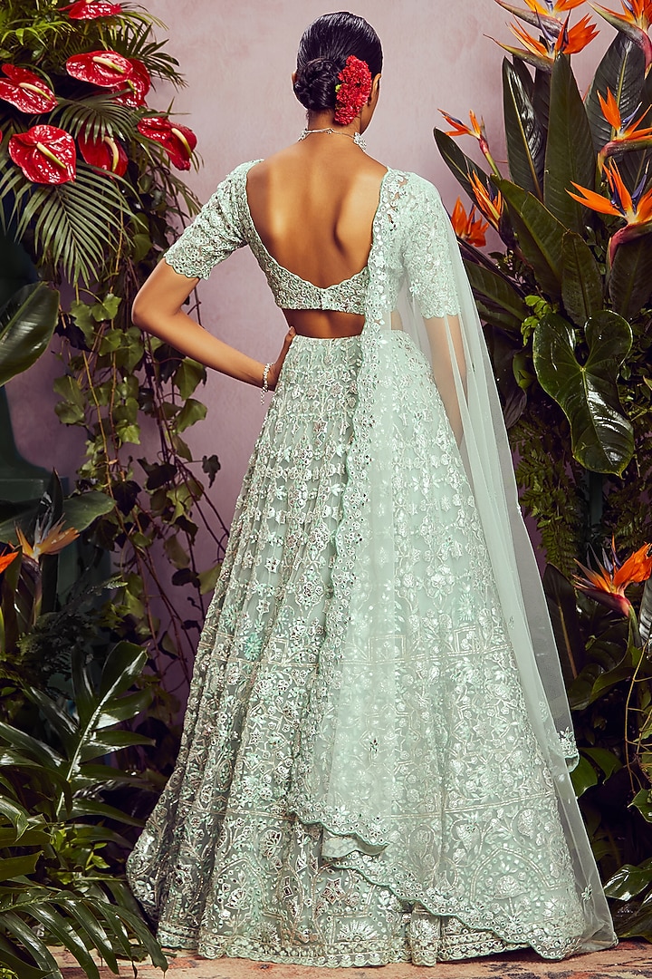 Mint Thread Embroidered Bridal Lehenga Set by Aneesh Agarwaal at Pernia's Pop Up Shop
