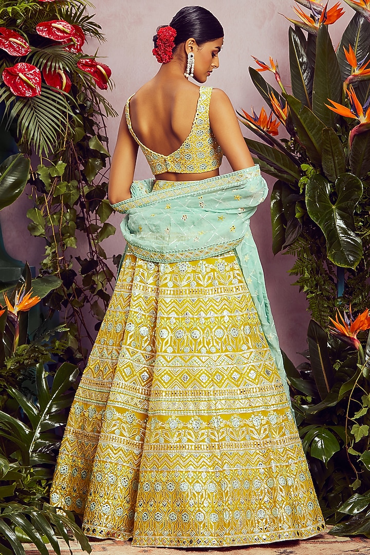 Yellow Mirror Embroidered Bridal Lehenga Set by Aneesh Agarwaal at Pernia's Pop Up Shop
