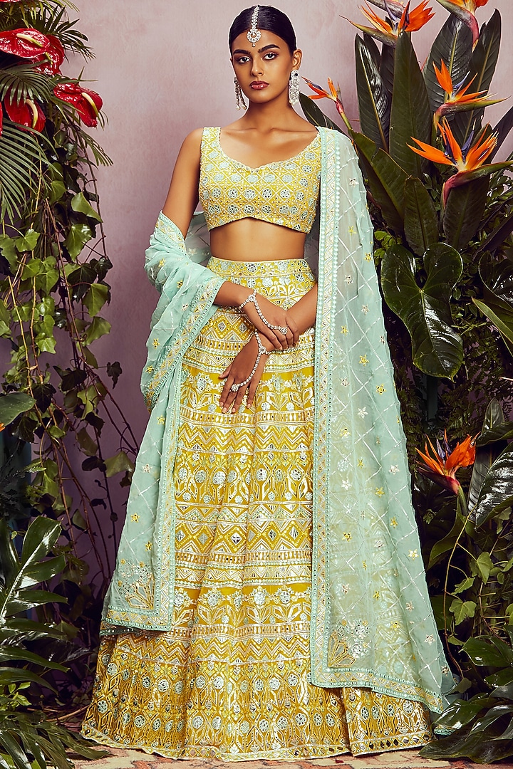 Yellow Mirror Embroidered Bridal Lehenga Set by Aneesh Agarwaal at Pernia's Pop Up Shop