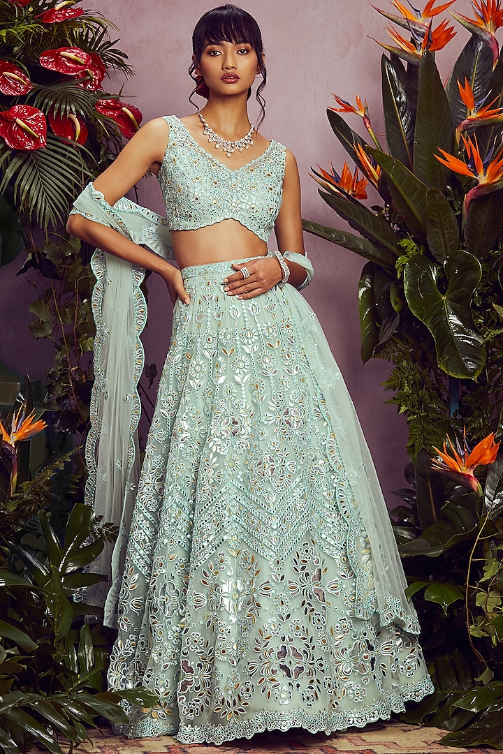 Mint Green Lehenga Set With Foil Patches by Aneesh Agarwaal