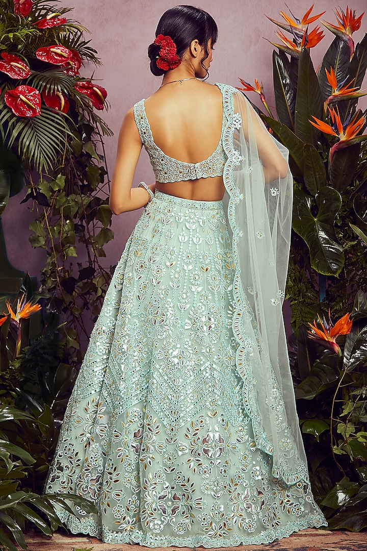 Mint Green Bridal Lehenga Set With Foil Patches by Aneesh Agarwaal at Pernia's Pop Up Shop