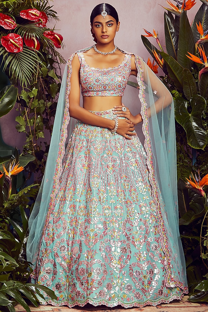 Mint Mirror Embroidered Bridal Lehenga Set by Aneesh Agarwaal at Pernia's Pop Up Shop