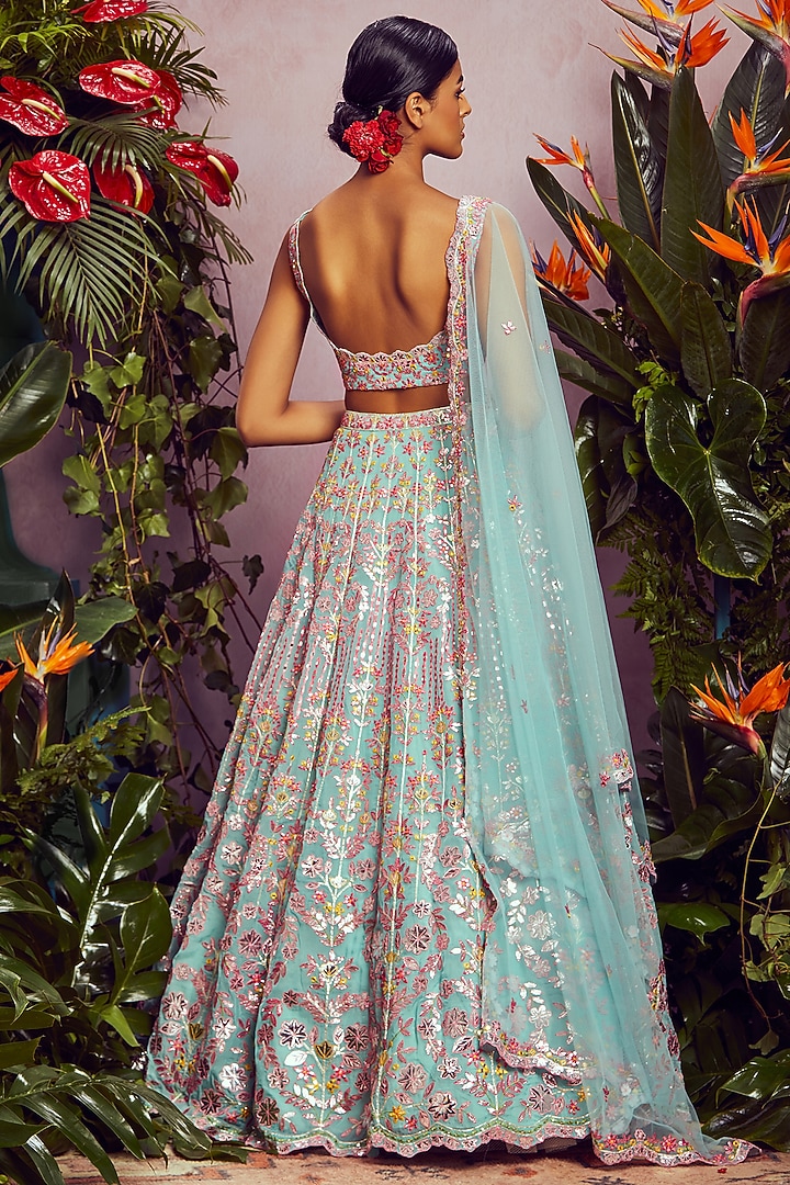 Mint Mirror Embroidered Bridal Lehenga Set by Aneesh Agarwaal at Pernia's Pop Up Shop