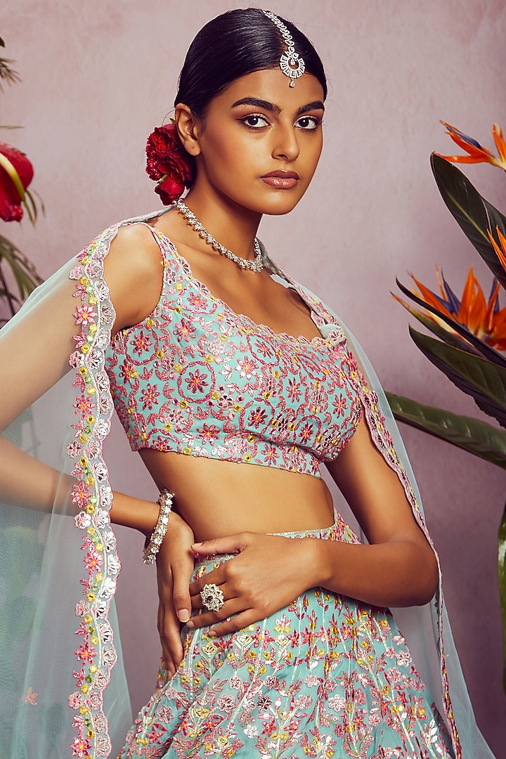 Mint Mirror Embroidered Bridal Lehenga Set by Aneesh Agarwaal at Pernia's Pop Up Shop