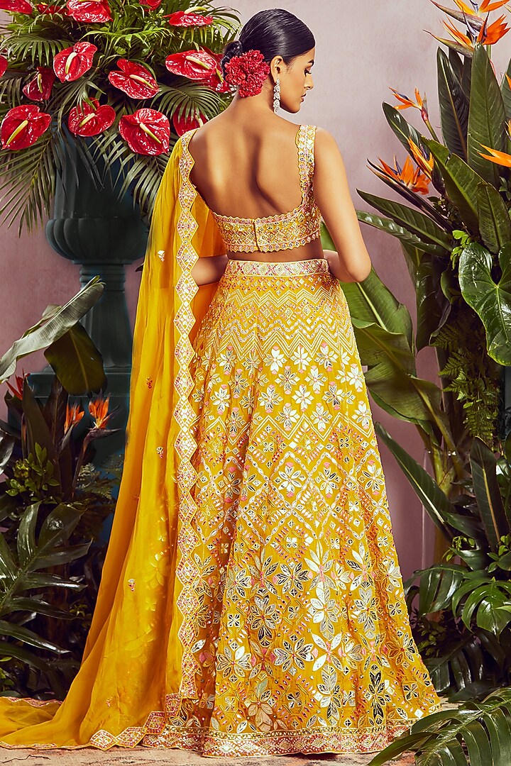 Yellow Bridal Lehenga Set With Mirror Work by Aneesh Agarwaal at Pernia's Pop Up Shop