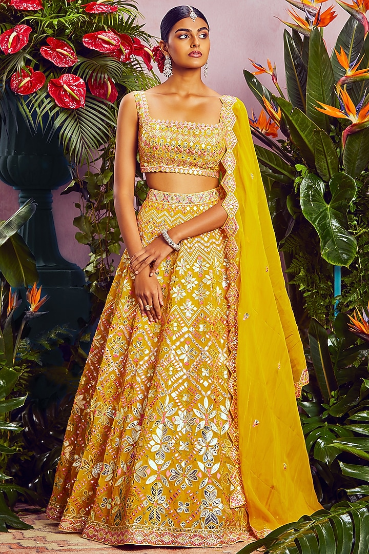 Yellow Bridal Lehenga Set With Mirror Work by Aneesh Agarwaal at Pernia's Pop Up Shop