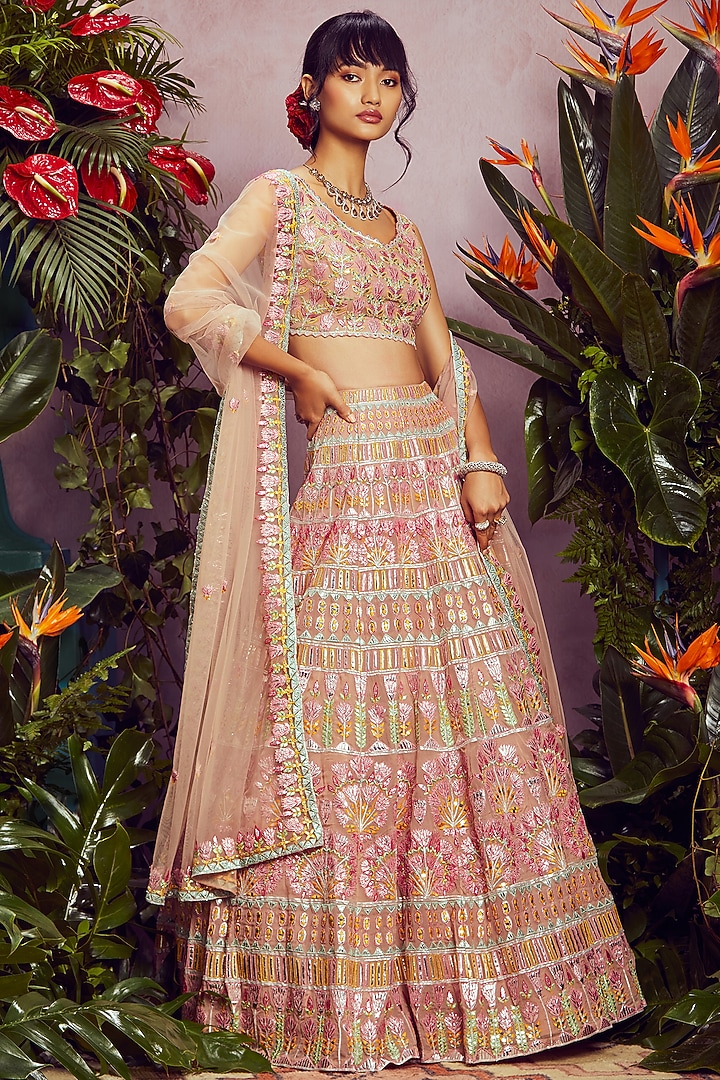 Beige Embroidered Bridal Lehenga Set by Aneesh Agarwaal at Pernia's Pop Up Shop