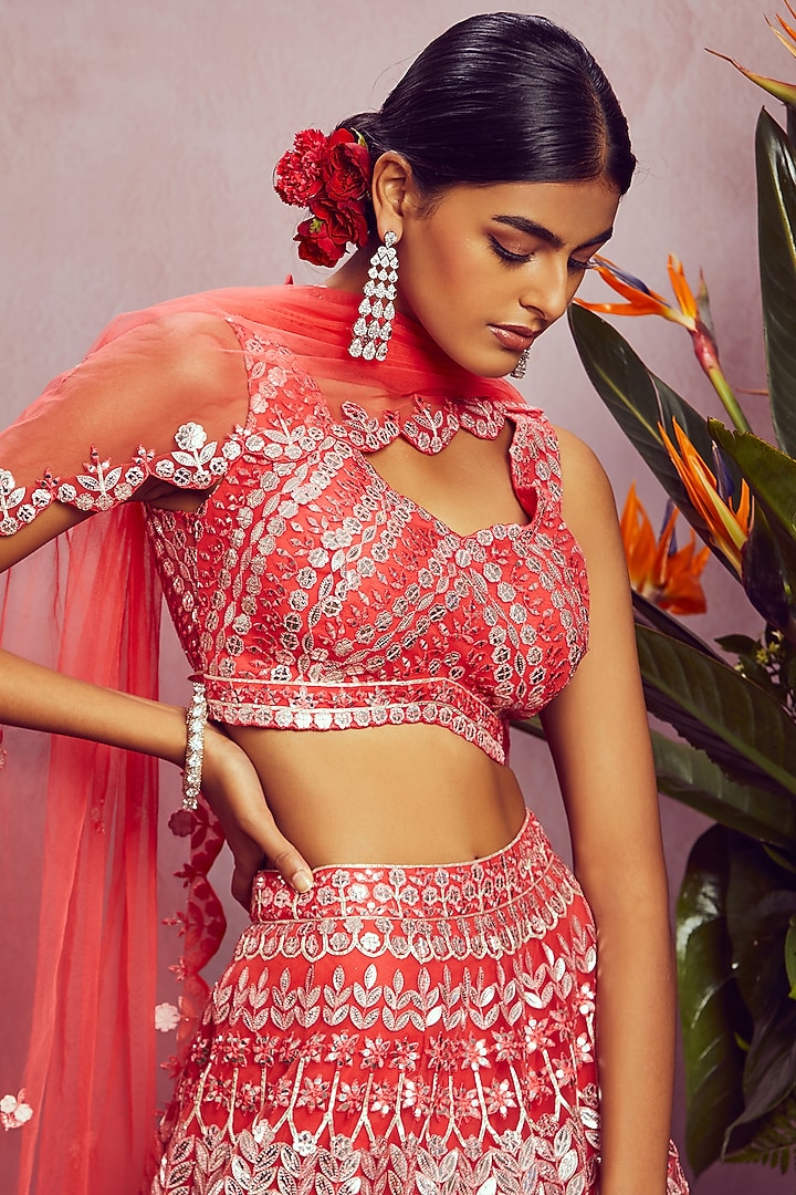 Coral Embroidered Bridal Lehenga Set by Aneesh Agarwaal at Pernia's Pop Up Shop