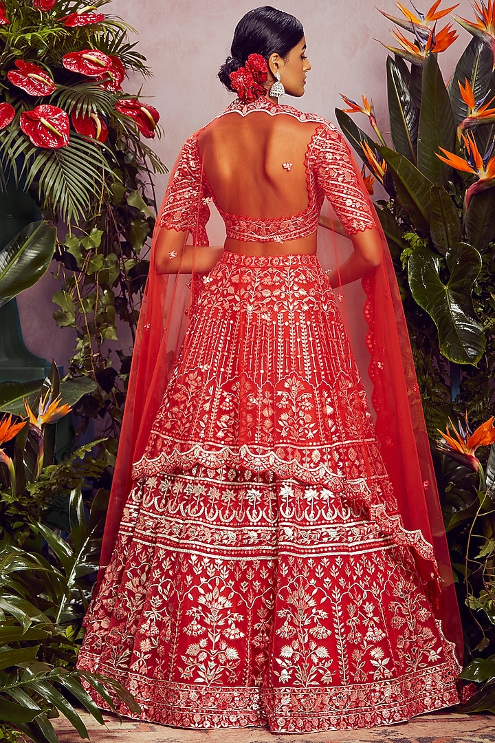 Coral Mirror Embroidered Bridal Lehenga Set by Aneesh Agarwaal at Pernia's Pop Up Shop