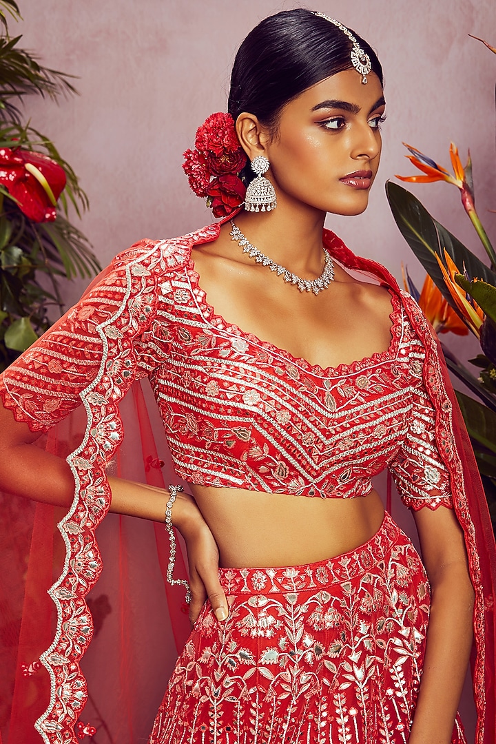 Coral Mirror Embroidered Bridal Lehenga Set by Aneesh Agarwaal at Pernia's Pop Up Shop