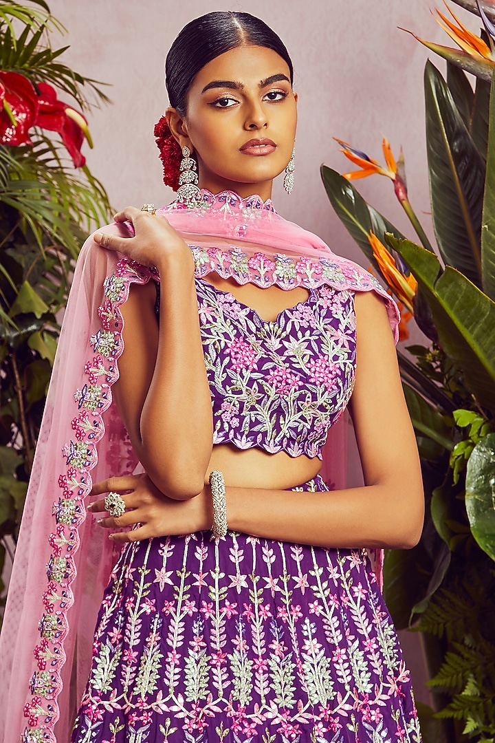 Purple Embroidered Bridal Lehenga Set by Aneesh Agarwaal at Pernia's Pop Up Shop