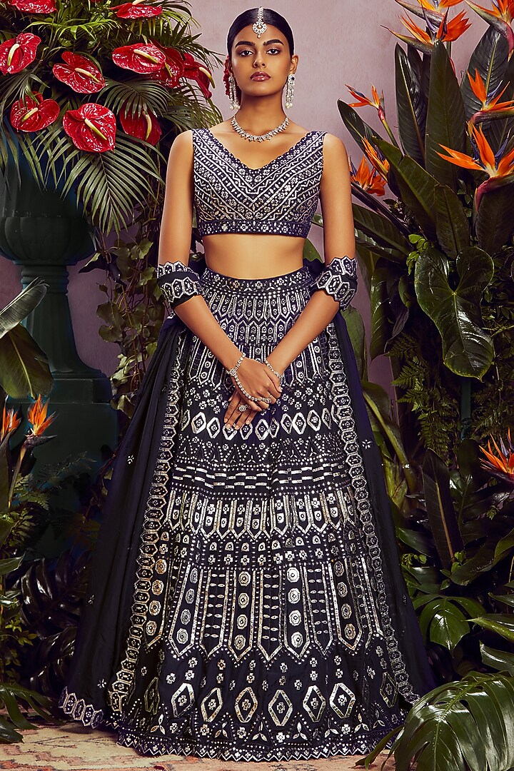 Navy Blue Bridal Lehenga Set With Foil Work by Aneesh Agarwaal at Pernia's Pop Up Shop