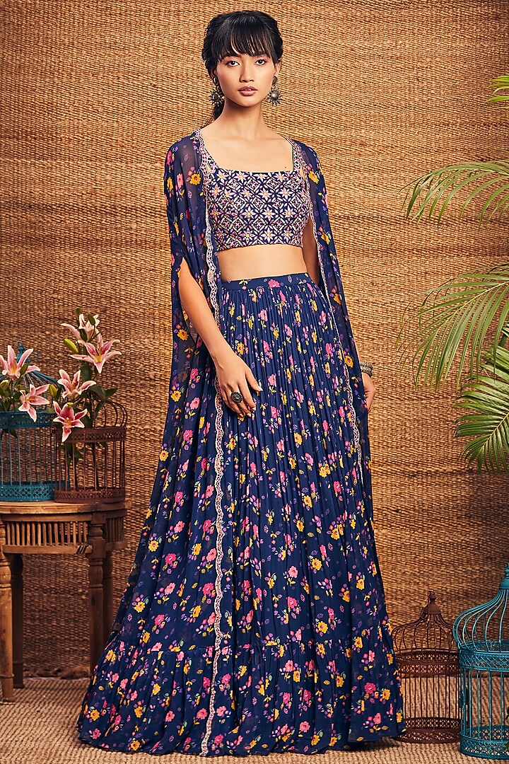 Navy Blue Floral Printed Skirt Set by Aneesh Agarwaal PRET at Pernia's Pop Up Shop