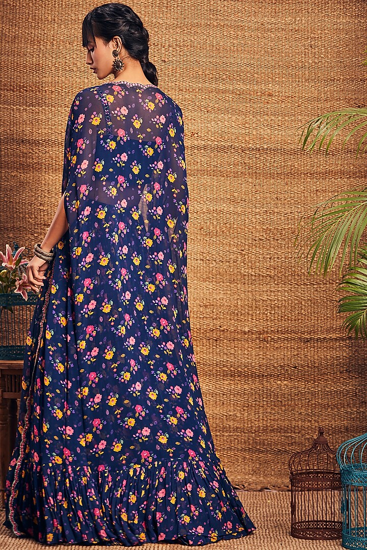 Navy Blue Floral Printed Skirt Set by Aneesh Agarwaal PRET at Pernia's Pop Up Shop