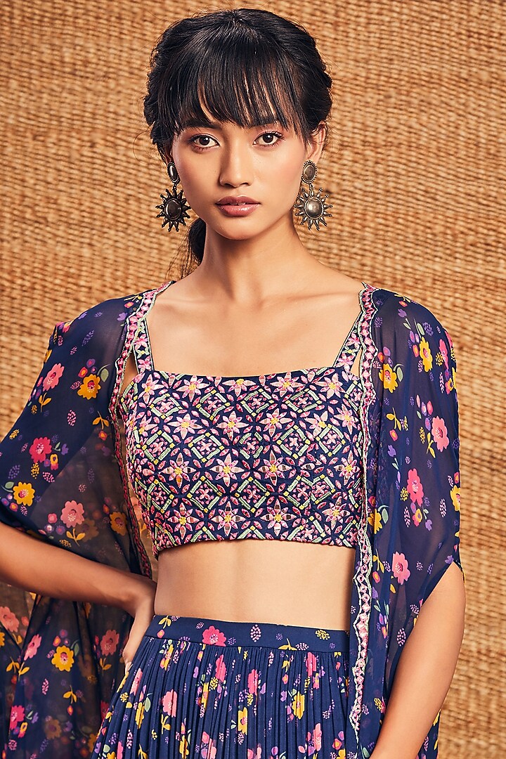 Navy Blue Floral Printed Skirt Set by Aneesh Agarwaal PRET at Pernia's Pop Up Shop