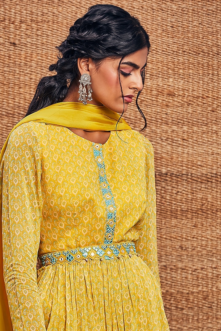 Lemon Yellow Georgette Paisley Printed Gharara Set by Aneesh Agarwaal PRET at Pernia's Pop Up Shop