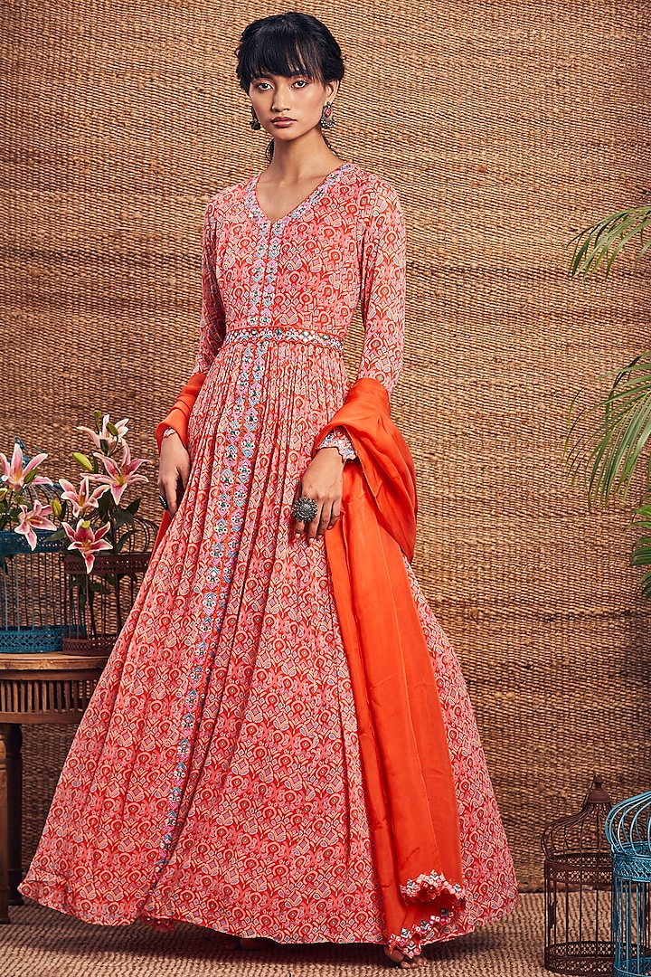 Orange Embroidered Anarkali Set by Aneesh Agarwaal PRET at Pernia's Pop Up Shop