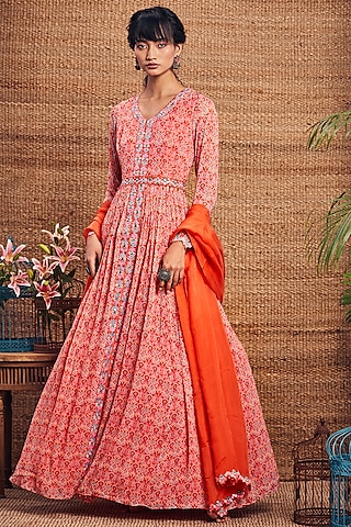 Orange Embroidered Anarkali Set by Aneesh Agarwaal PRET