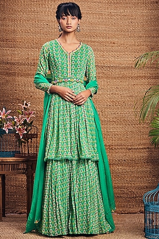 Emerald Printed Skirt Set by Aneesh Agarwaal PRET