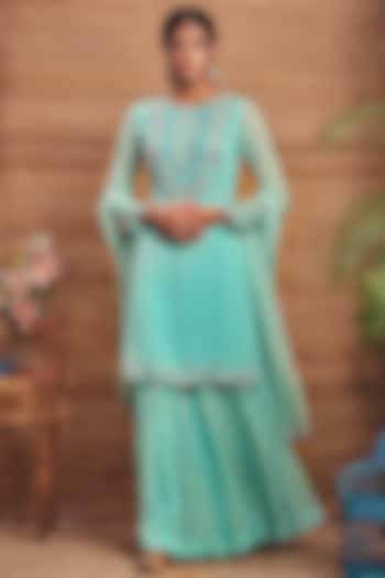Turquoise Georgette Printed Gharara Set by Aneesh Agarwaal PRET