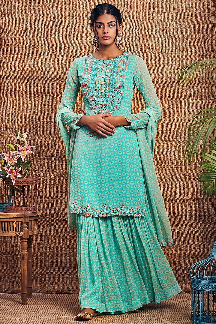 Turquoise Georgette Printed Gharara Set by Aneesh Agarwaal PRET