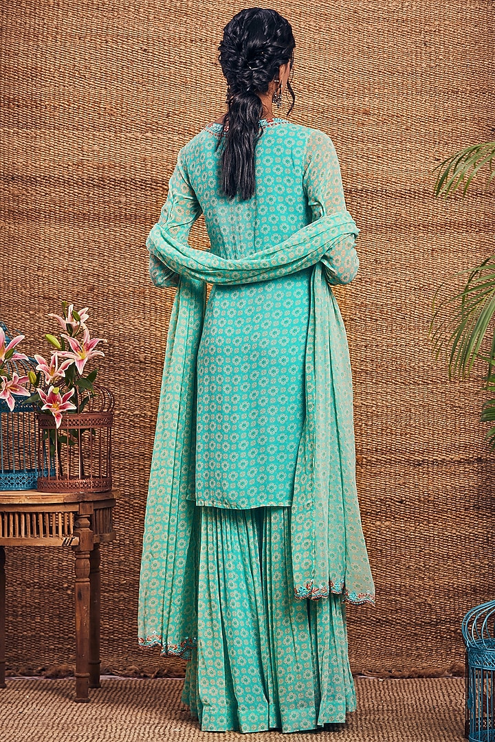 Turquoise Georgette Printed Gharara Set by Aneesh Agarwaal PRET at Pernia's Pop Up Shop