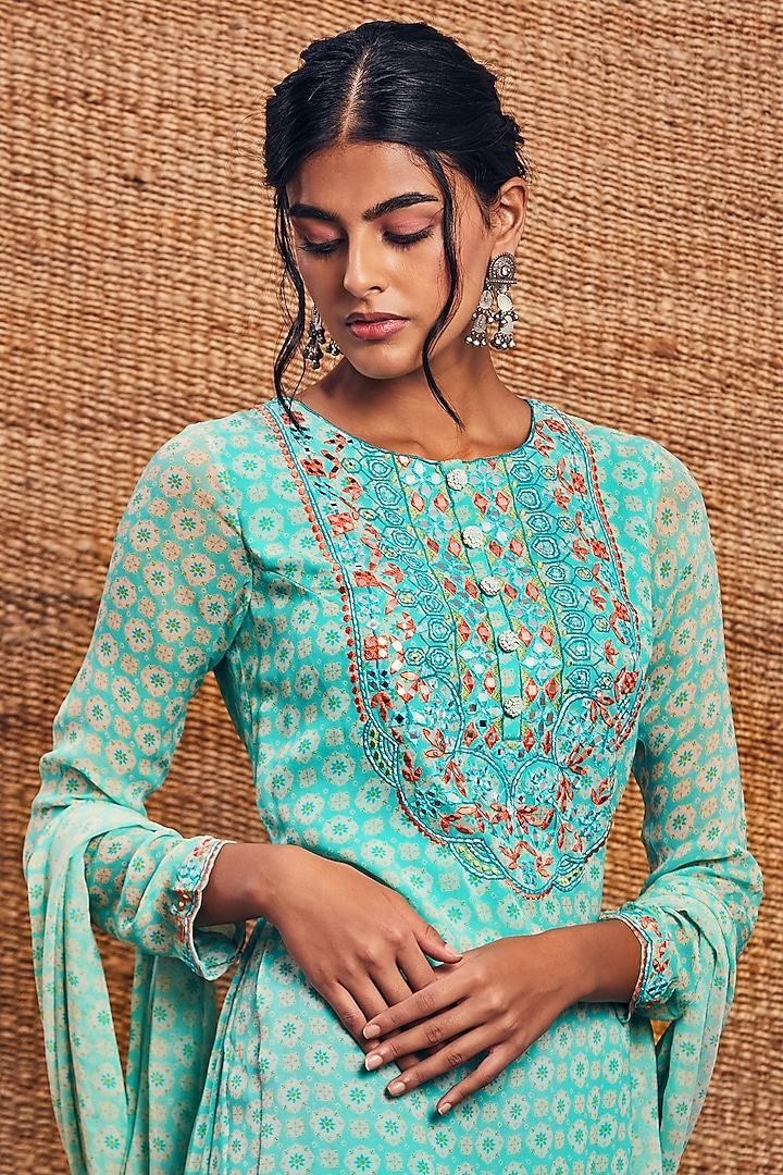 Turquoise Georgette Printed Gharara Set by Aneesh Agarwaal PRET at Pernia's Pop Up Shop