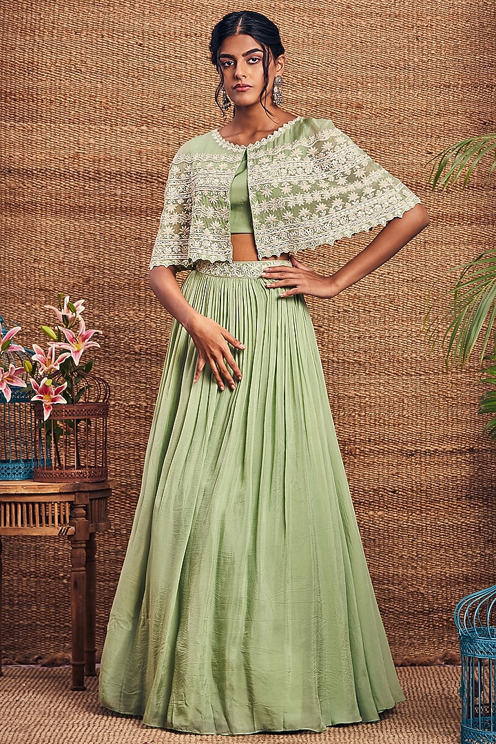 Green Soft Organza Skirt Set by Aneesh Agarwaal PRET at Pernia's Pop Up Shop