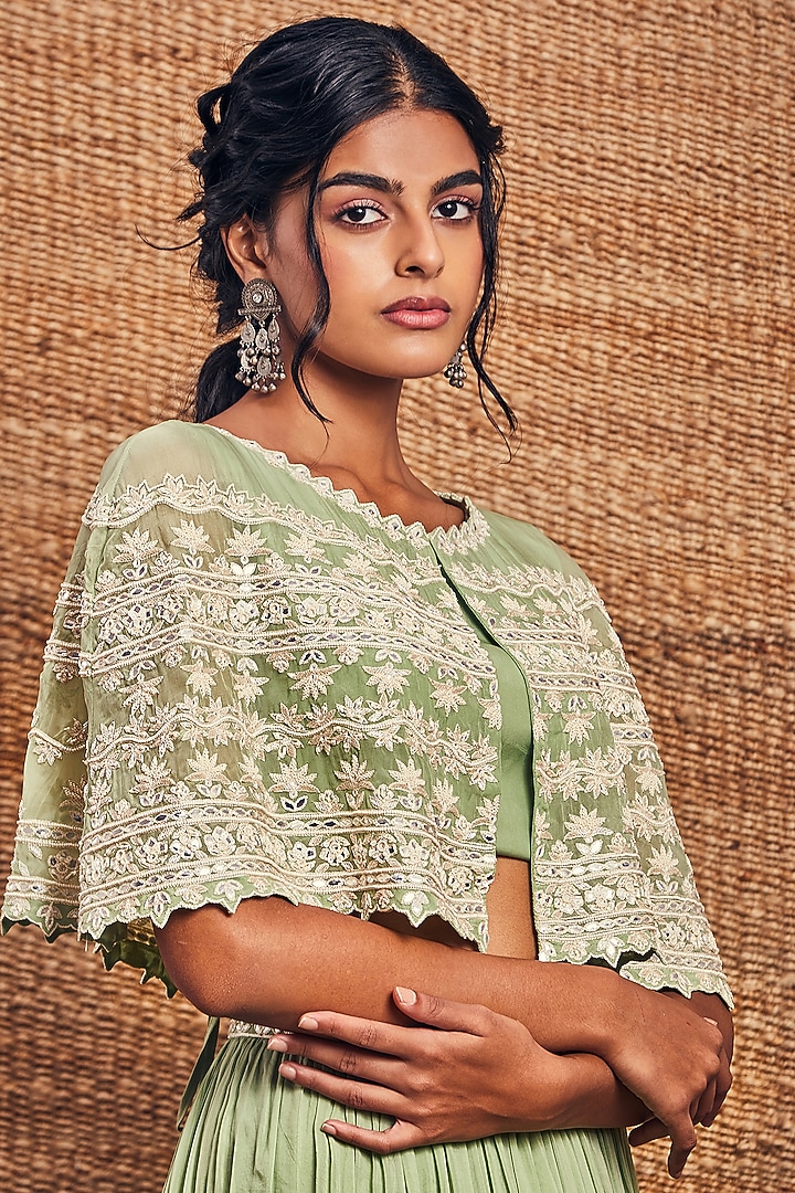 Green Soft Organza Skirt Set by Aneesh Agarwaal PRET at Pernia's Pop Up Shop