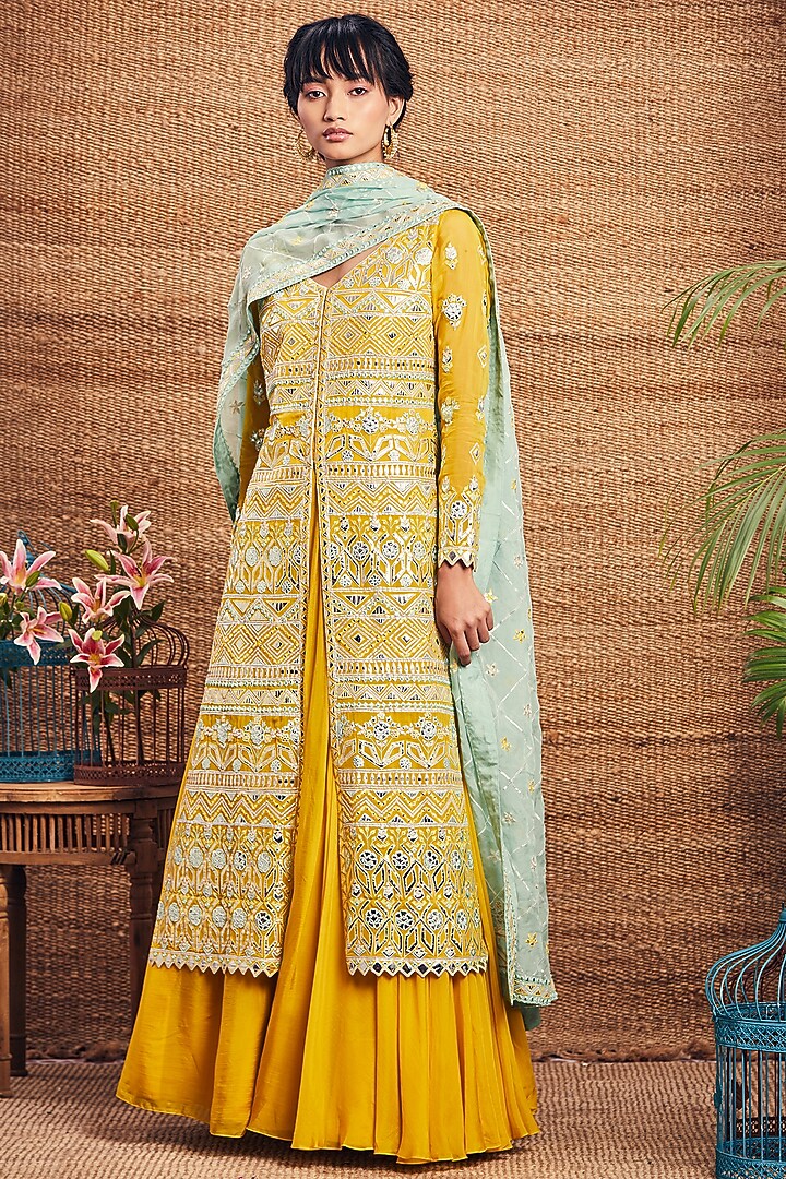 Yellow Embroidered Jacket Set by Aneesh Agarwaal at Pernia's Pop Up Shop