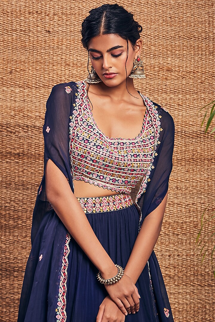 Navy Blue Soft Organza Skirt Set by Aneesh Agarwaal PRET at Pernia's Pop Up Shop