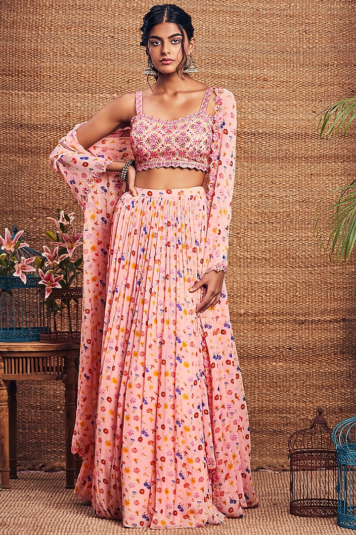 Pink Floral Printed Skirt Set by Aneesh Agarwaal PRET
