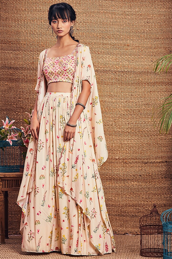 Ivory Floral Printed Skirt Set by Aneesh Agarwaal PRET at Pernia's Pop Up Shop