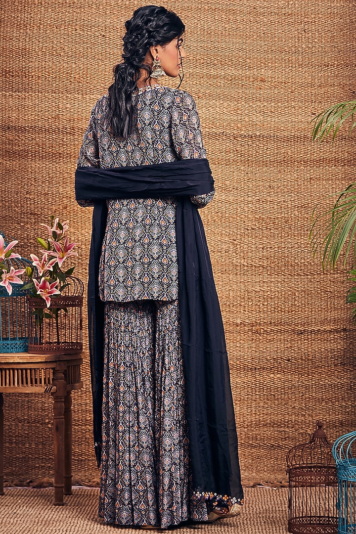 Navy Blue Georgette Printed Gharara Set by Aneesh Agarwaal PRET at Pernia's Pop Up Shop