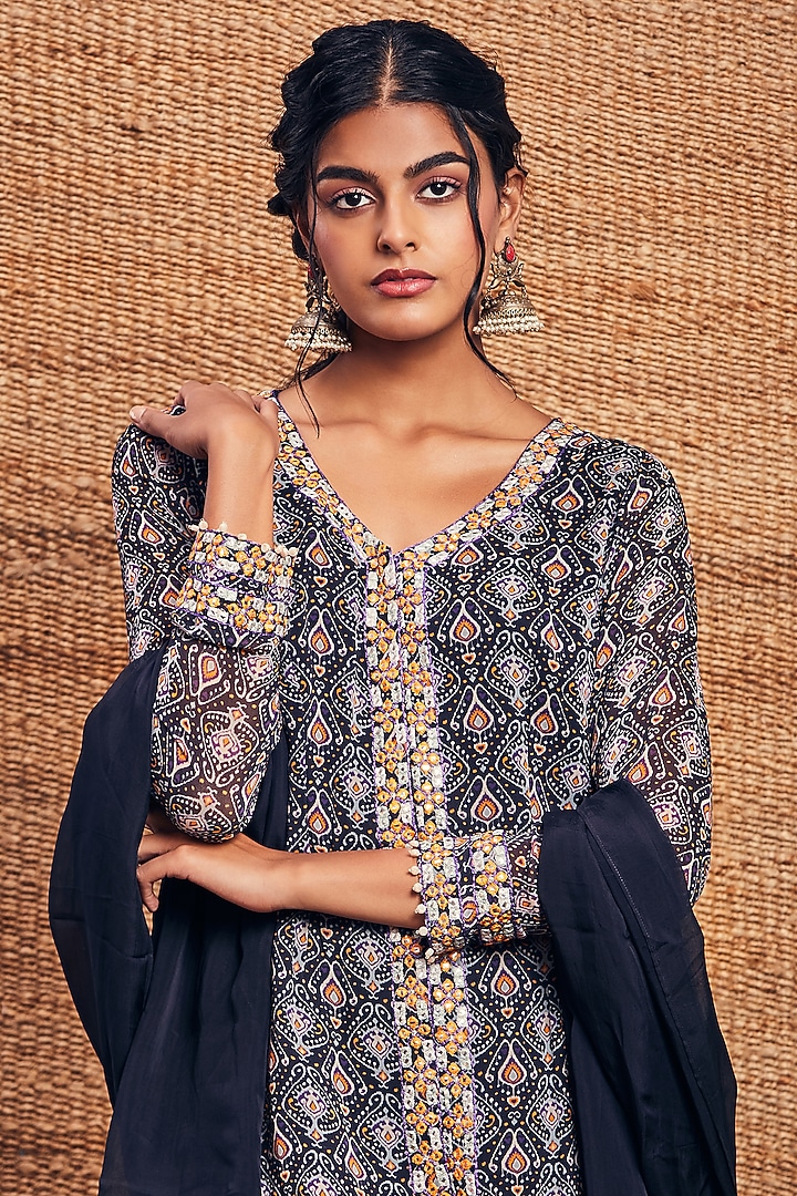 Navy Blue Georgette Printed Gharara Set by Aneesh Agarwaal PRET at Pernia's Pop Up Shop