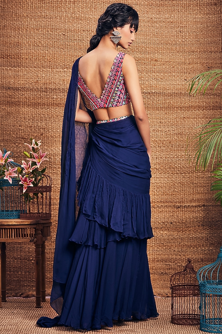 Navy Blue Ruffled Wedding Saree Set by Aneesh Agarwaal PRET at Pernia's Pop Up Shop
